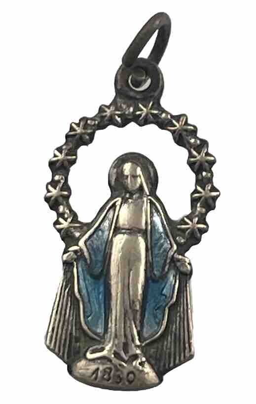 Vintage Catholic Miraculous Mary Blue Enamel  Silver  Tone Religious Medal