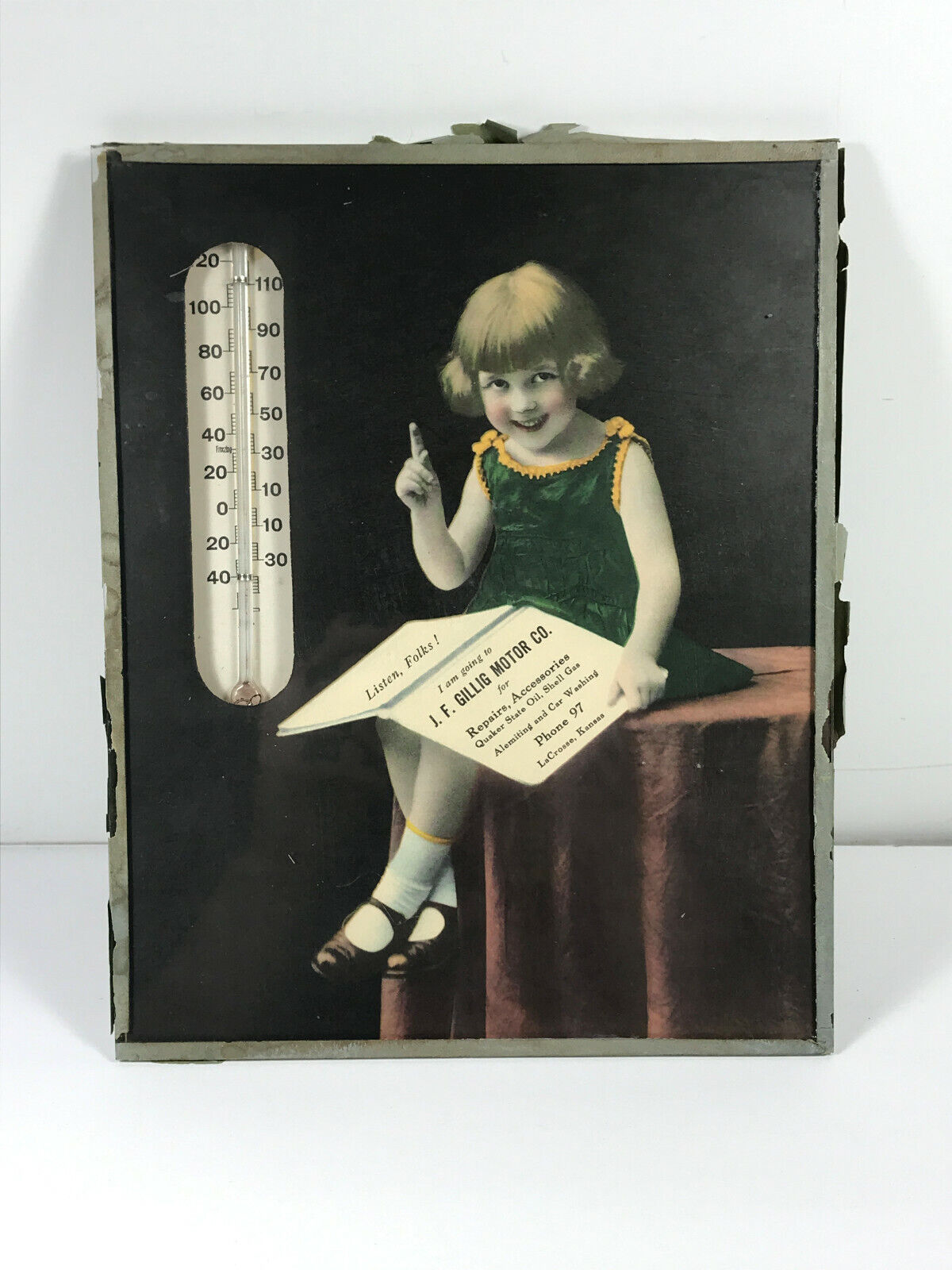 Antique 1910\'s 20\'s Gillig Motors LaCrosse KS advertising thermometer kansas