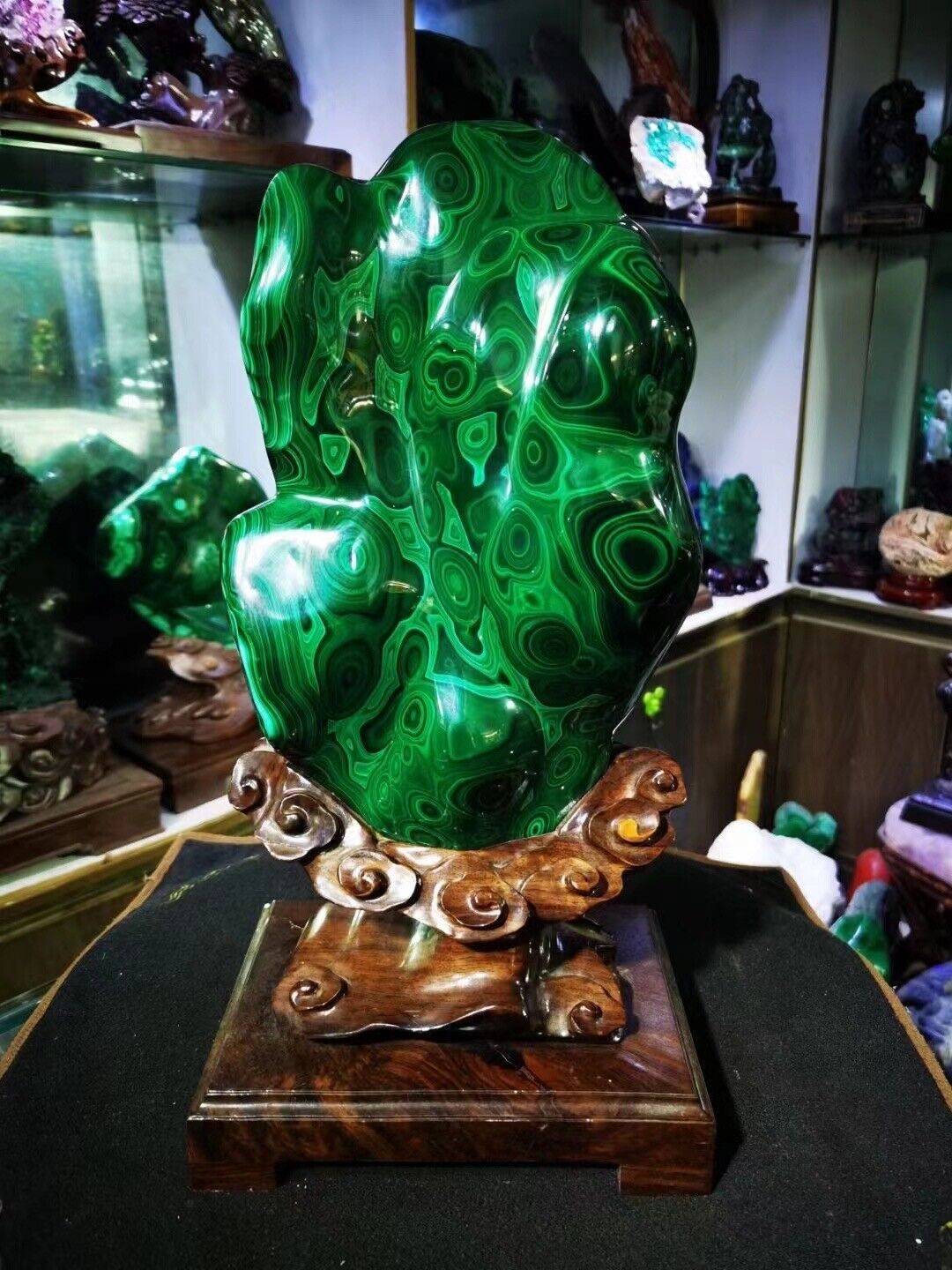 15.18LB TOP Natural malachite quartz carved crystal Furnishing articles+stand