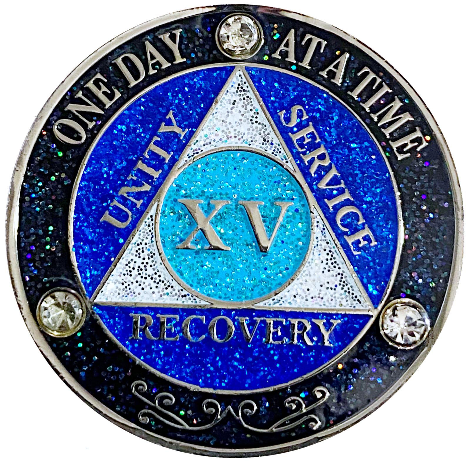 AA 15 Year Crystals & Glitter Medallion, Silver, Blue Color & 3 Crystals