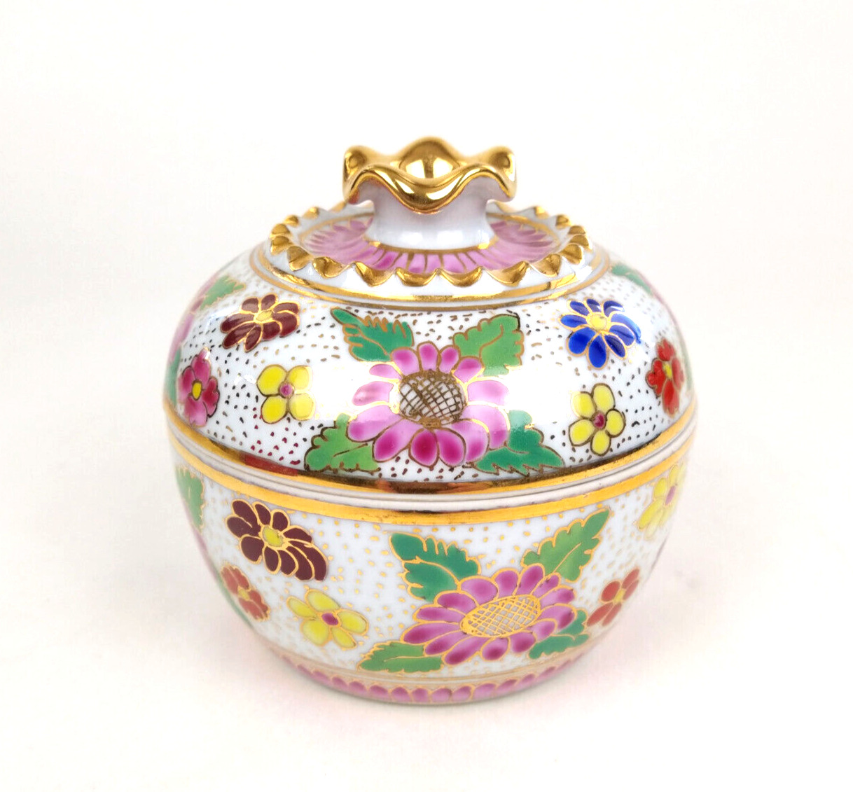 Vintage Hand Painted Gold Trim Floral Lidded Trinket Ring Dish Box Unsigned