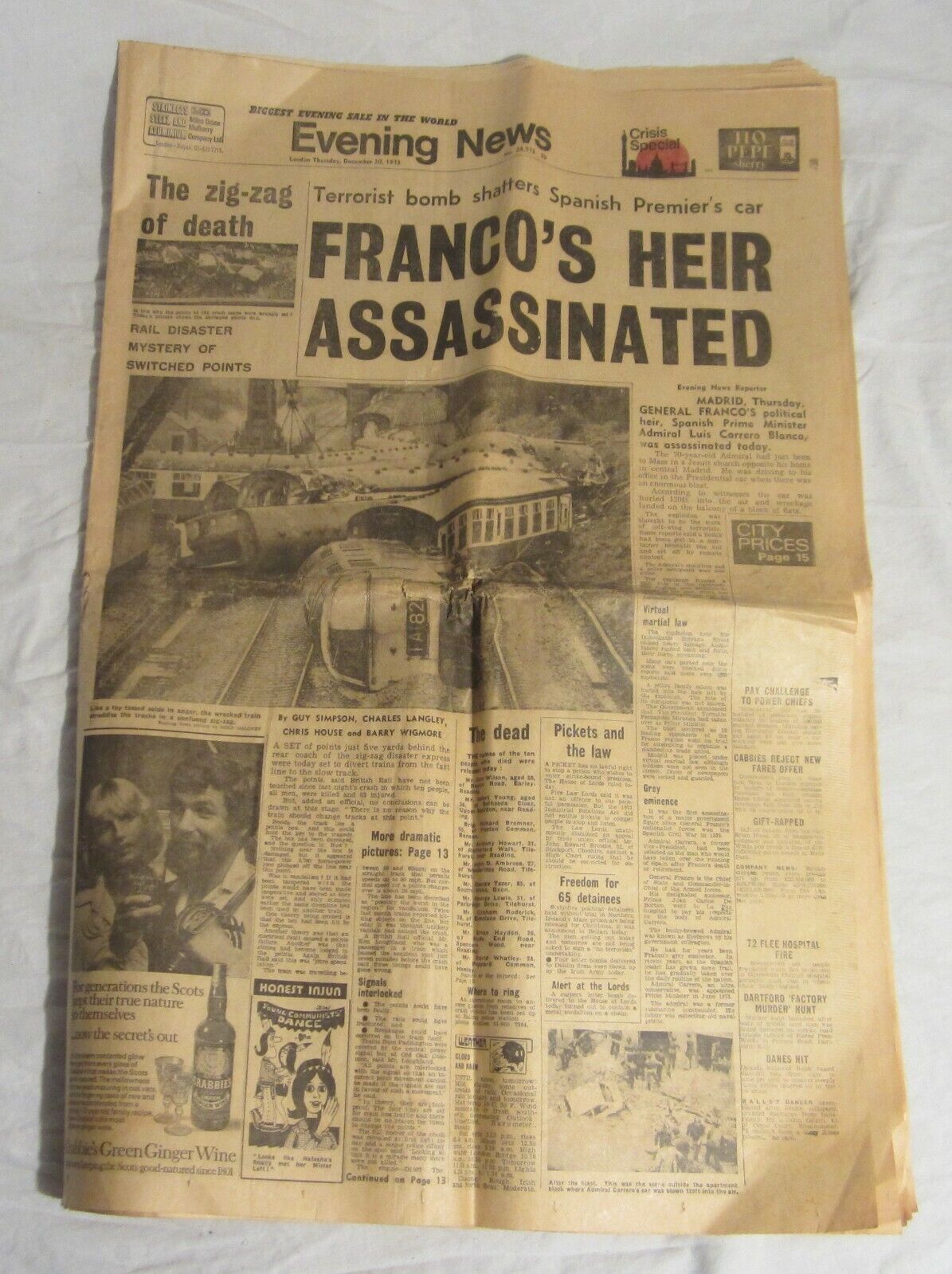 LONDON EVENING NEWS, Dec 20 1973 - SPANISH PRIME MINISTER CARRERO BLANCO KILLED 