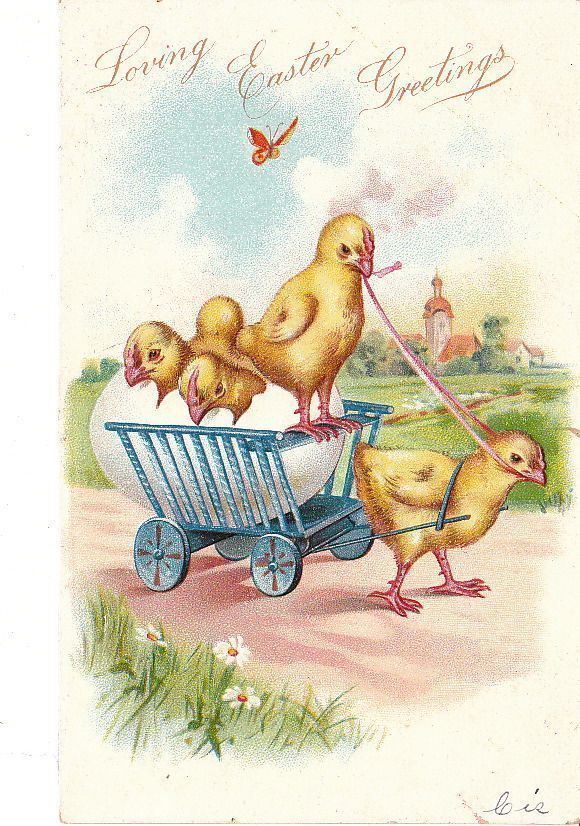 Postcard Loving Easter Greetings Chicks riding in cart 