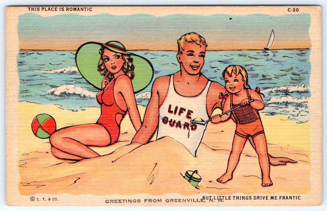 1940's GREETINGS FROM GREENVILLE NH LIFEGUARD BEACH COMIC VINTAGE LINEN POSTCARD