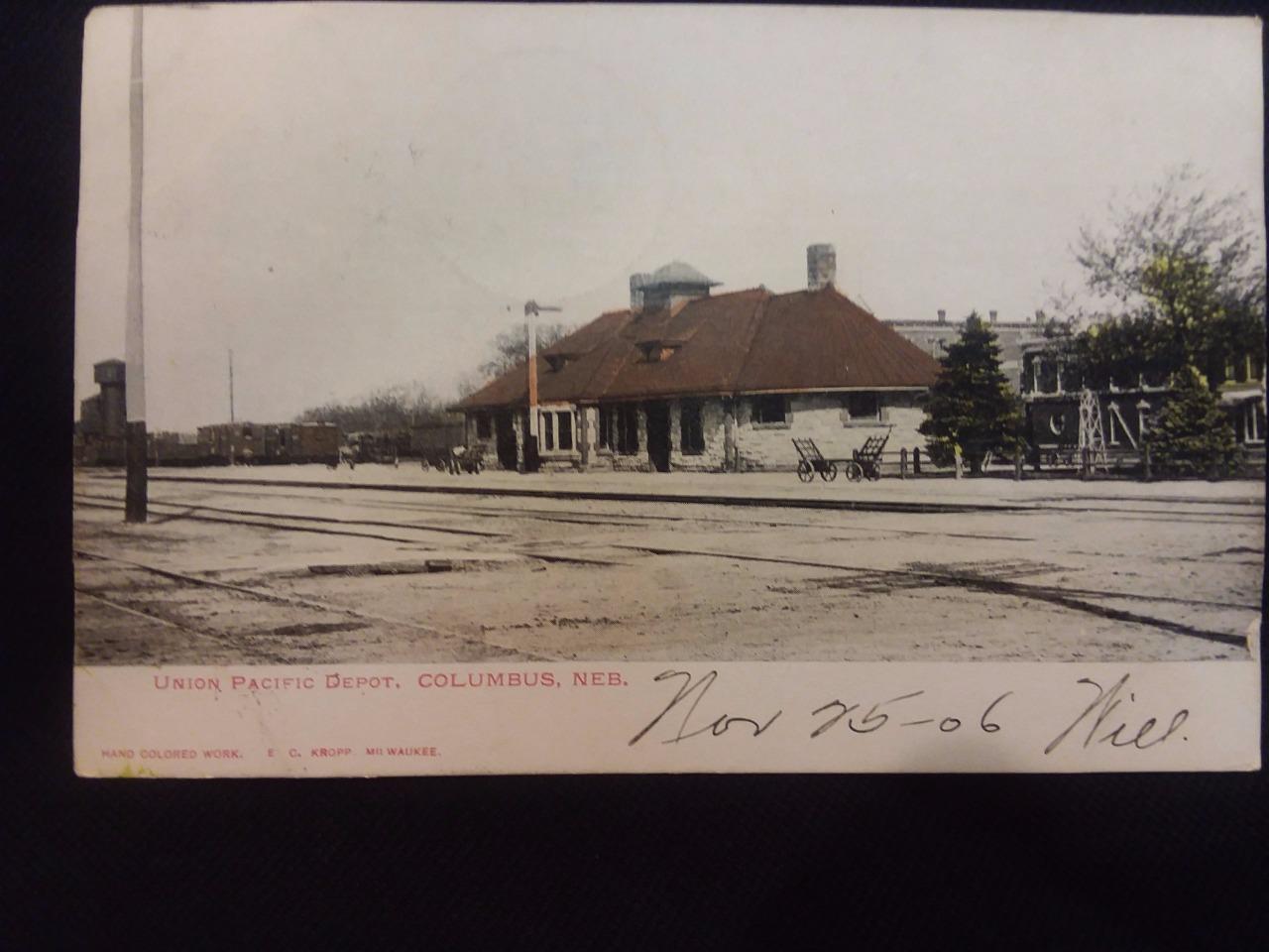 Columbus Nebraska Union Pacific Depot 1906 Undivided Back Postcard Mailed