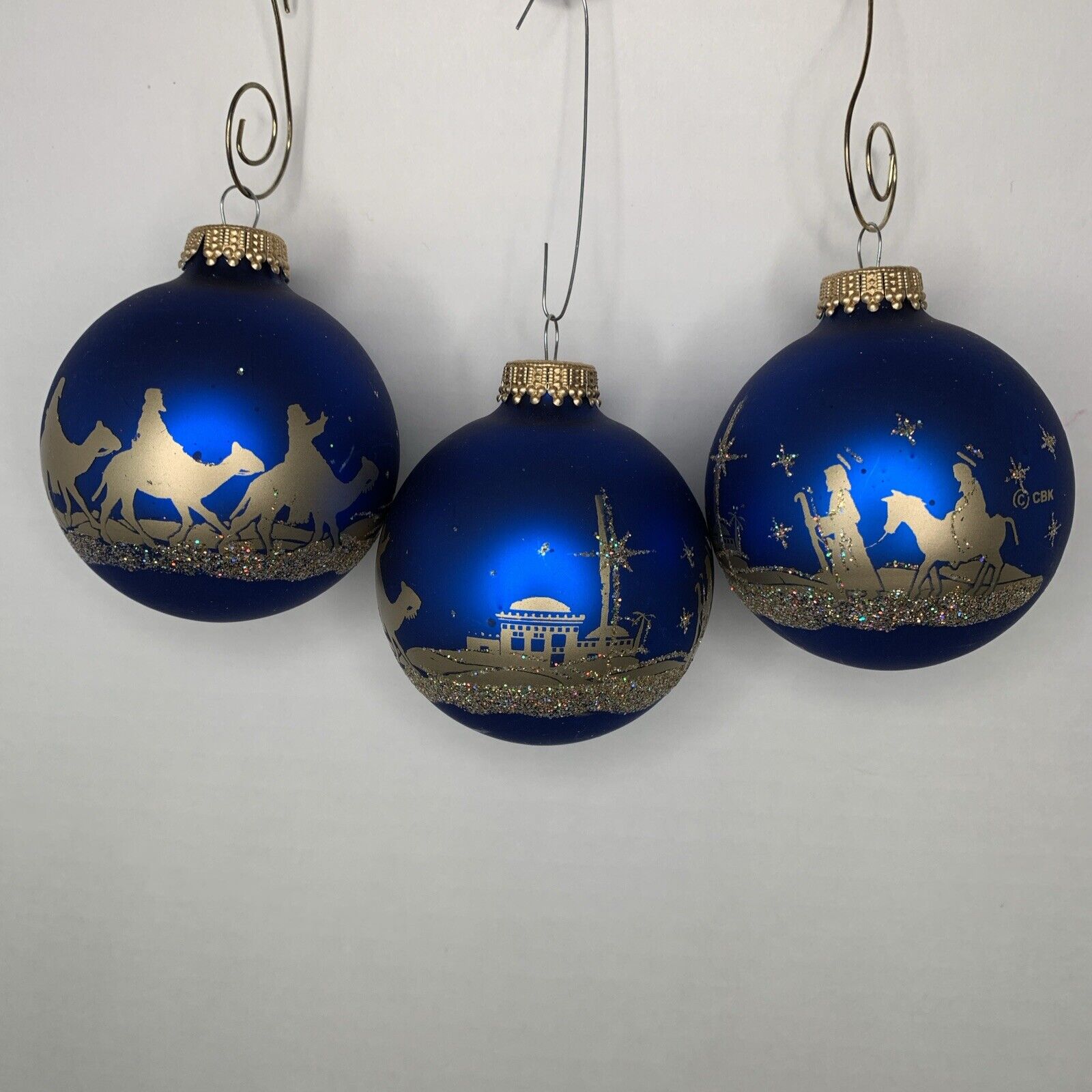 Lot of 3 Christmas by Krebs Ornaments Wise Men Bethlehem Blue Gold Glass Ball