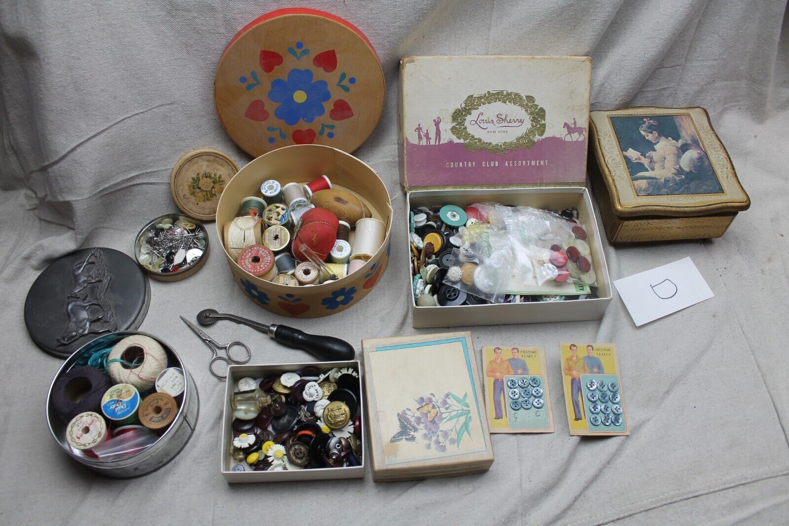 Vintage lot of Sewing Supplies Buttons Thread Music Box