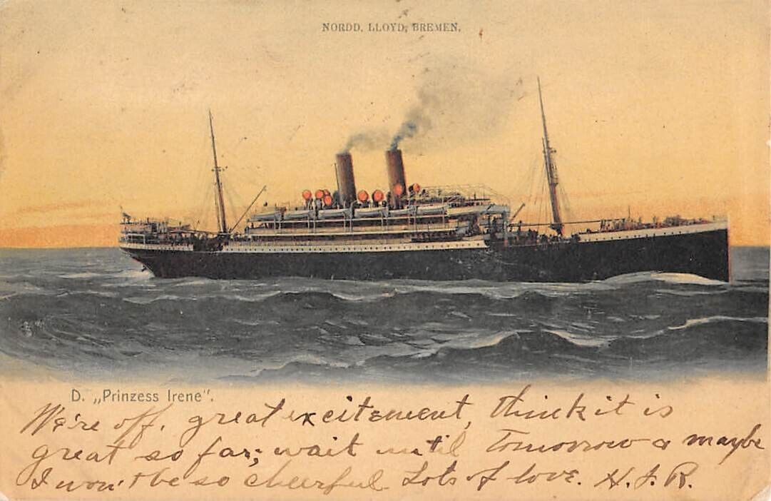 SS PRINZESS IRENE AT SEA ~ NORD-DEUTSCHER LLOYD LINE ~ used 1905