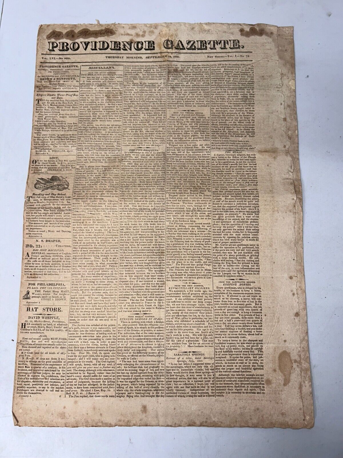 Providence Gazette September 14, 1820 Vol LVI No. 2995 (Vol 1 No. 74) Newspaper