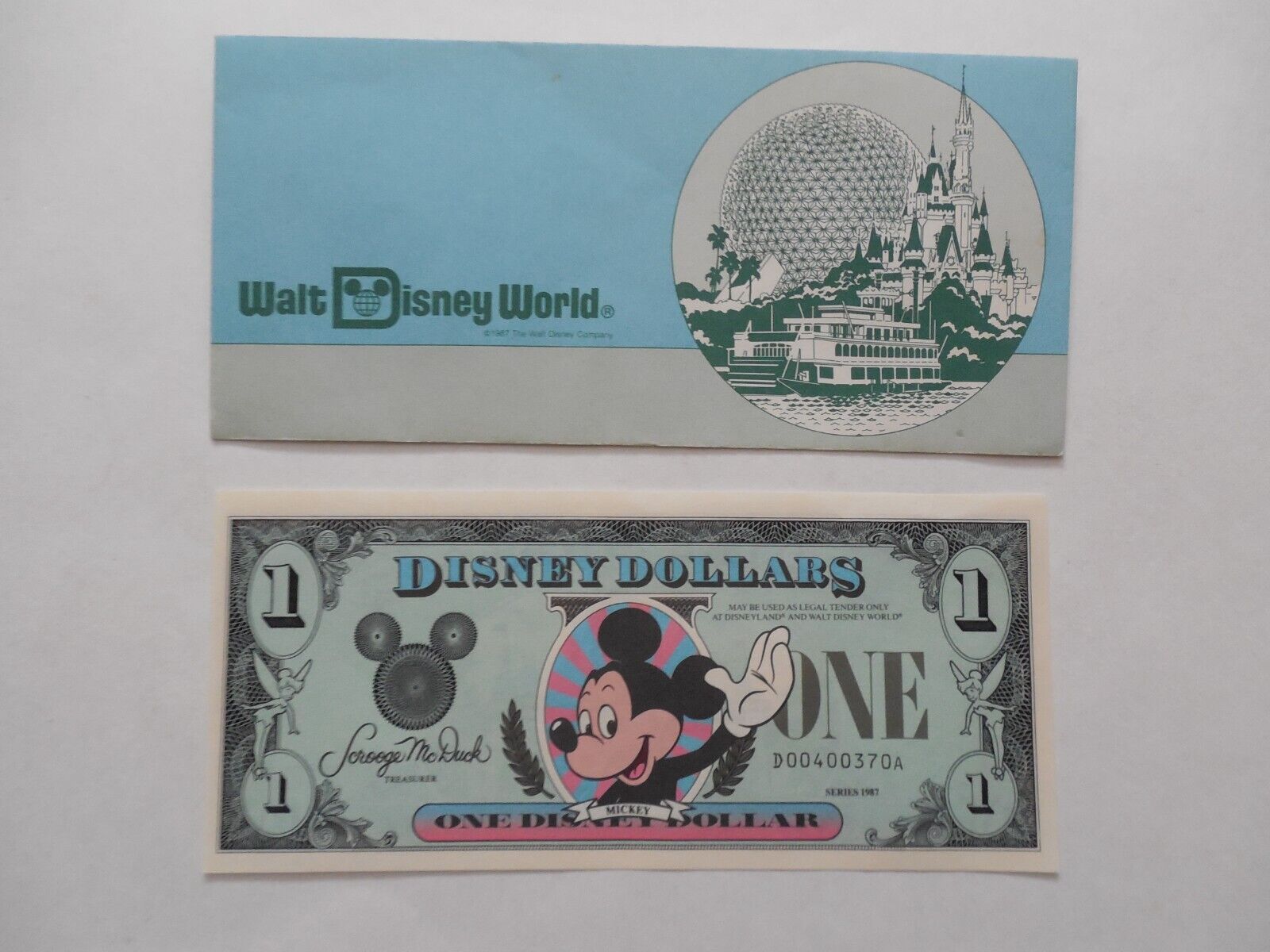1987 $1 One Disney Dollar Bill Uncirculated Mickey Mouse D00400370A + Envelope