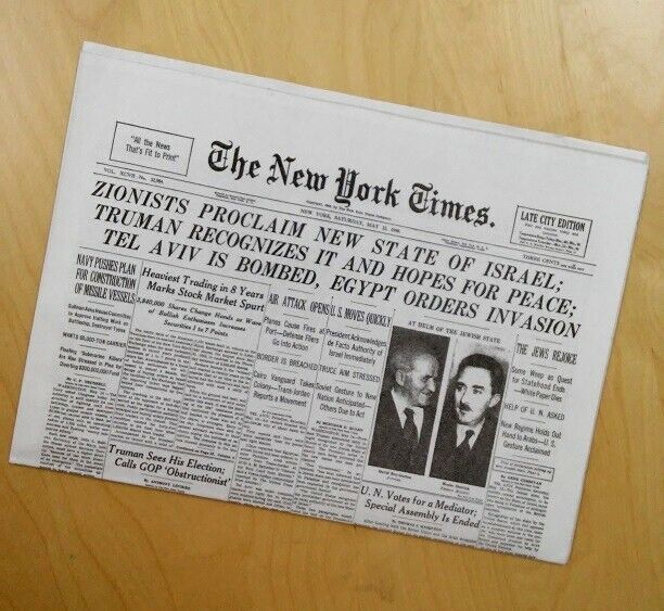 Israel Newspaper - New York Times of May 15, 1948 (Officially Licensed Reprint)