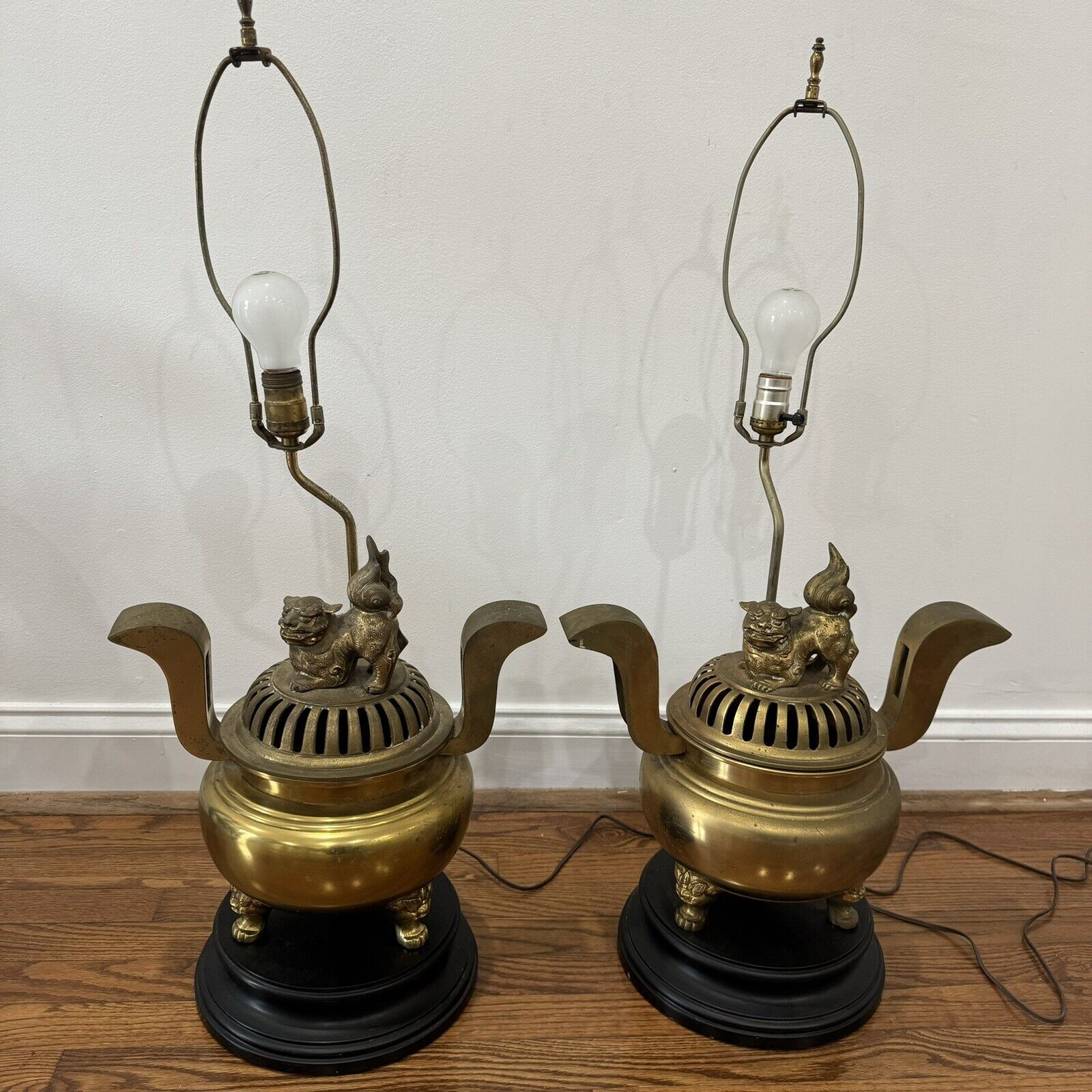 Vintage 1920s Pair of Foo Dog Cast Brass Lamps & Incense Burners 35”