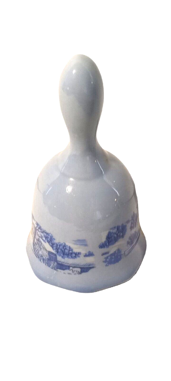 VINTAGE HAND PAINTED BLUE PORCELAIN BELL BLUE WITH COUNTRY WINTER SCENE