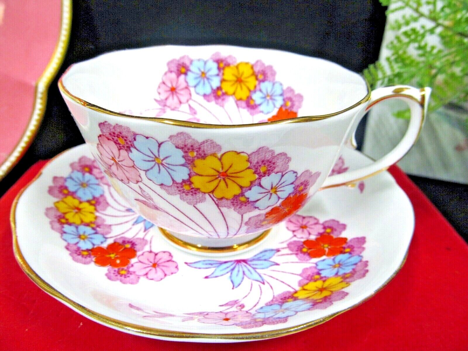 Roslyn tea cup and saucer painted Posy floral teacup England 1940s flower burst 