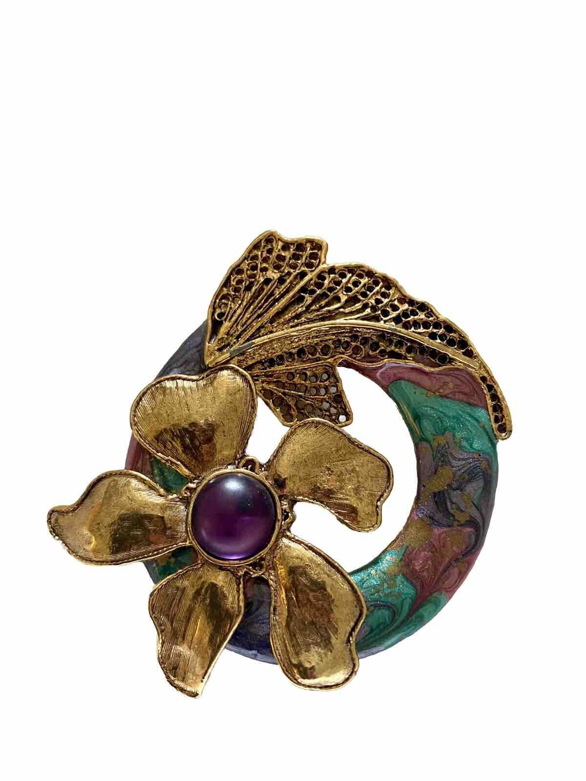 Vintage 80s Handmade Enamel Gold Plated Filigree Flower Brooch Pin