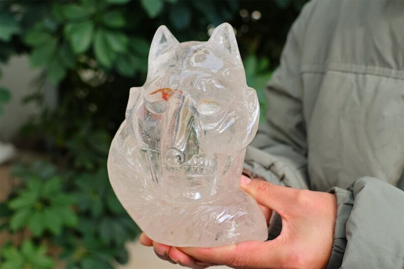 1.97KG Hand Carved Natural Clear quartz Fox Skull Reiki Crystal Skull Decor Gift