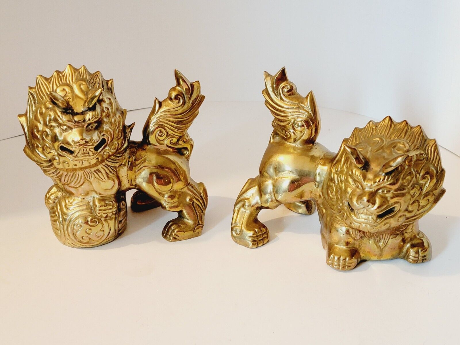 Vintage Pair Chinese Brass Feng Shui Foo Dog Gaurdian Lion Beast Statues 5