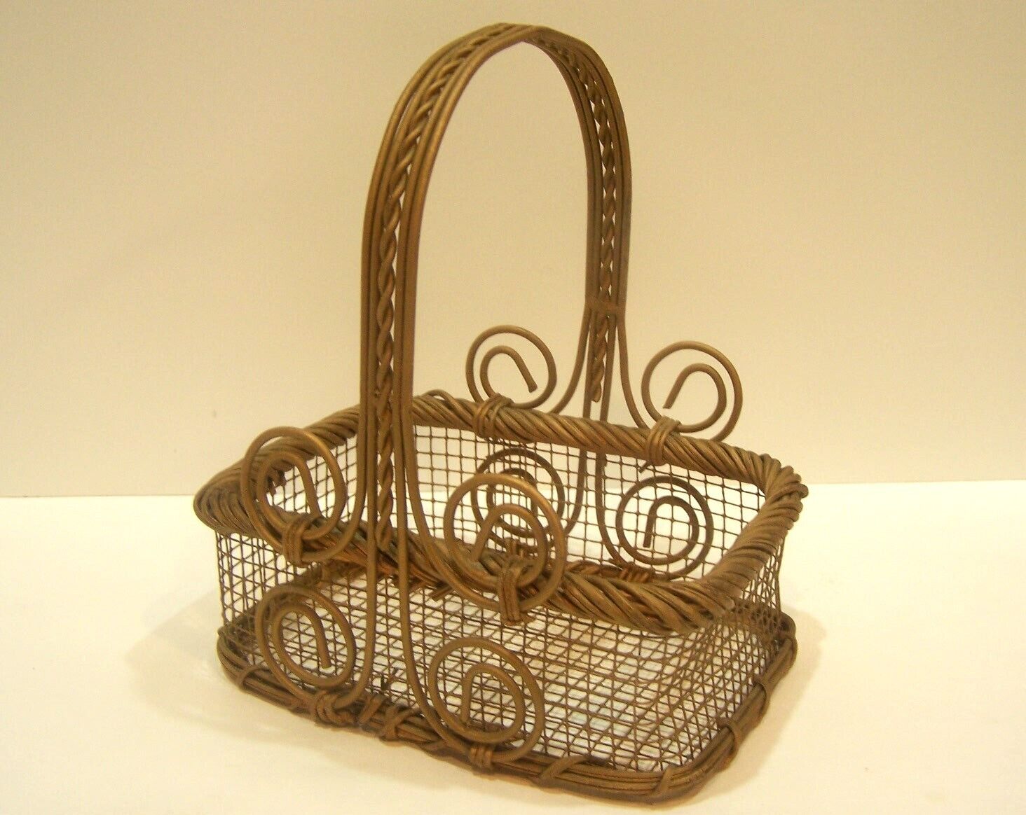 Decorative Metal Wire Basket Gold Tone Open Grid Scroll Design w/Twist Handle
