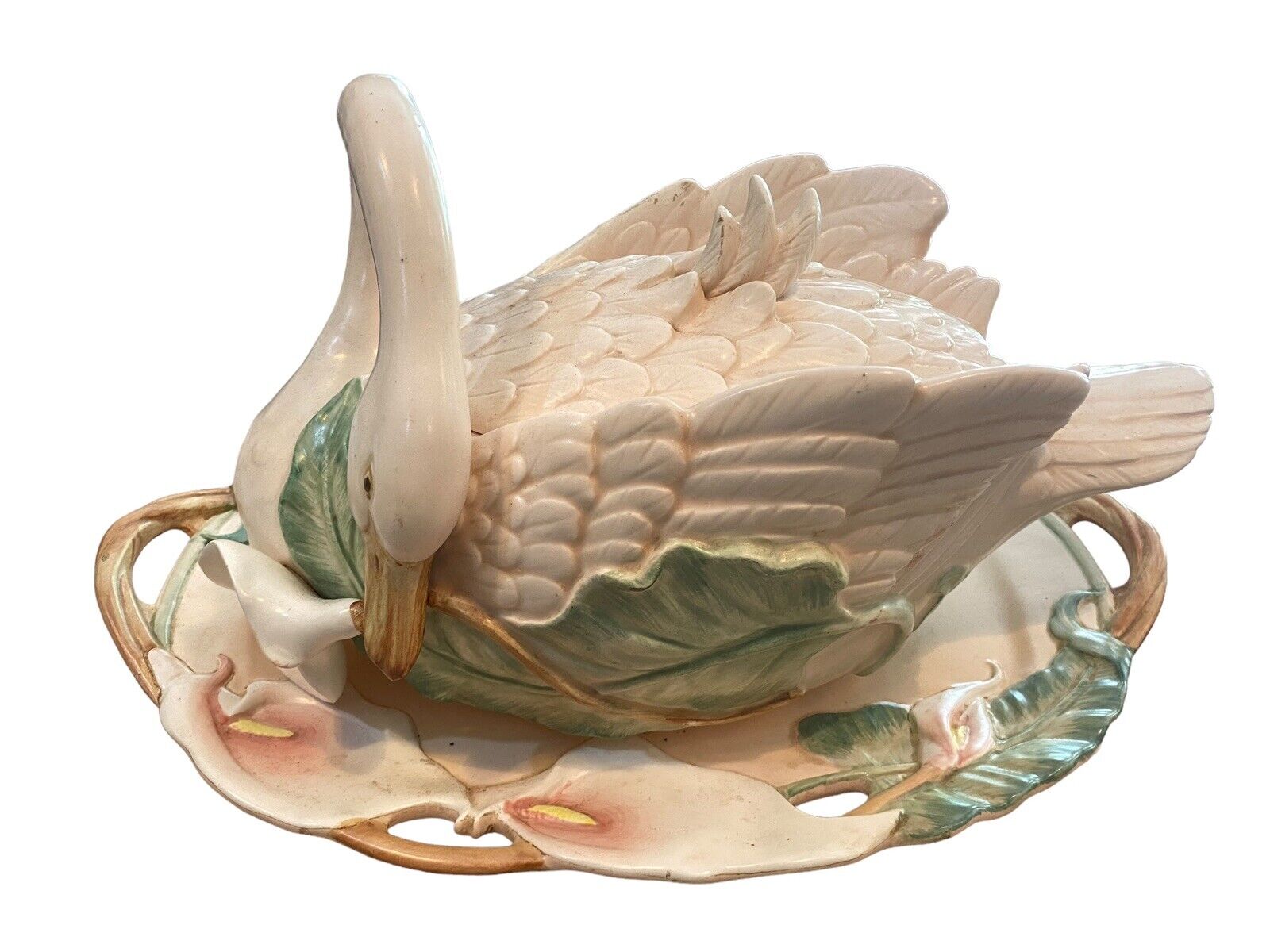 Vintage Fitz And Floyd Swan Calla Lily Tureen Cover Ladle 1987 tray READ