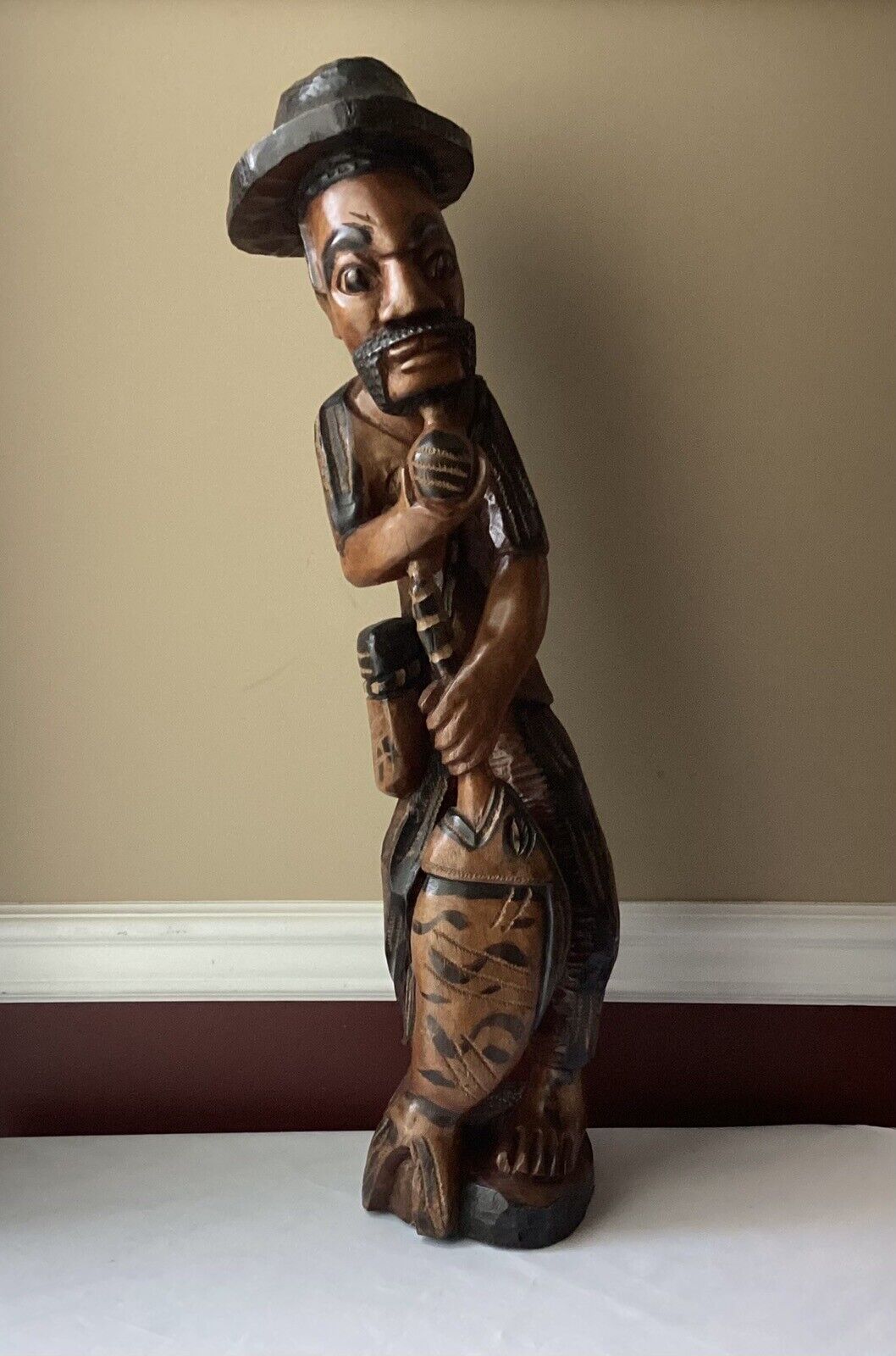 VTG African Folk Art Wooden Carved Statue, Man With Fish, 29