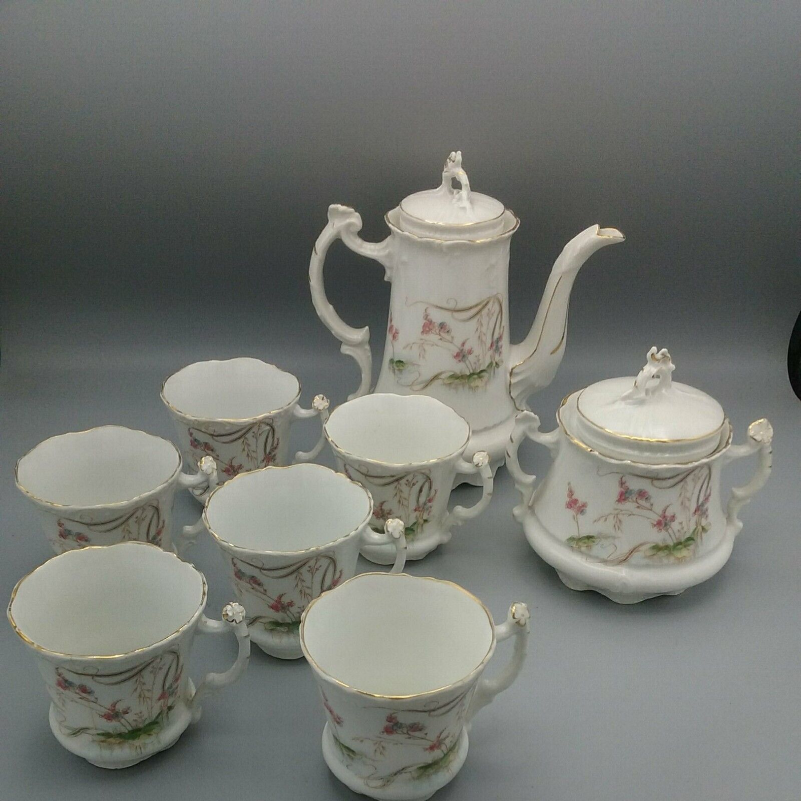 Antique Carl Thielsch 6 Piece Hand Painted & Signed Porcelain Tea Set