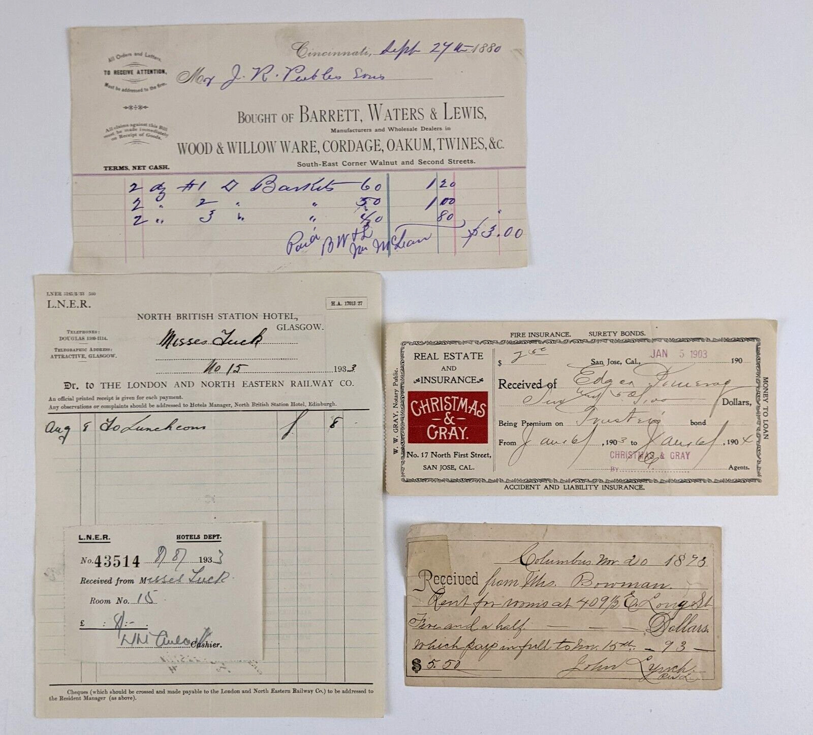 1880s-1933 Billhead Receipts Invoice Vintage Lot Glasgow Califronia Cincinnati