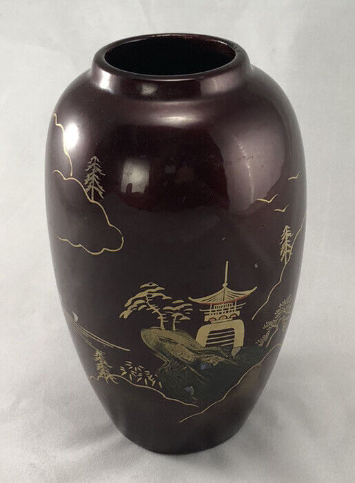 Vintage Porcelain Japanese Vase- 6” Mountain Pagoda Scene Deep Dark Red