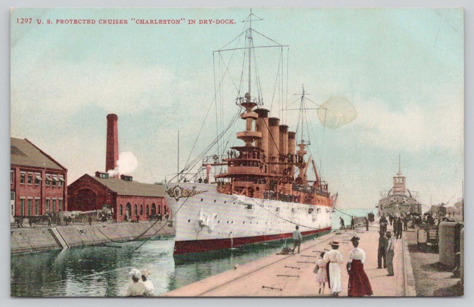 USS Charleston Postcard In Dry Dock Harbor Protected Cruiser US Naval Ship