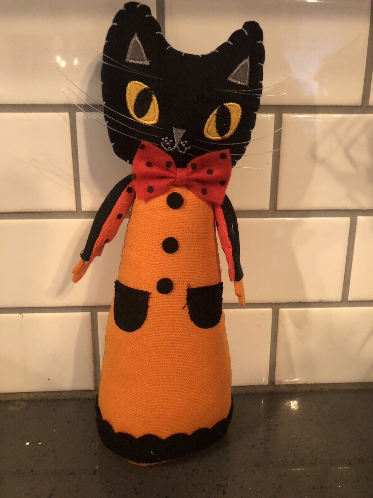 Halloween Black Cat Orange Dress Polka Dot Bow Tie Tabletop Decoration 12”