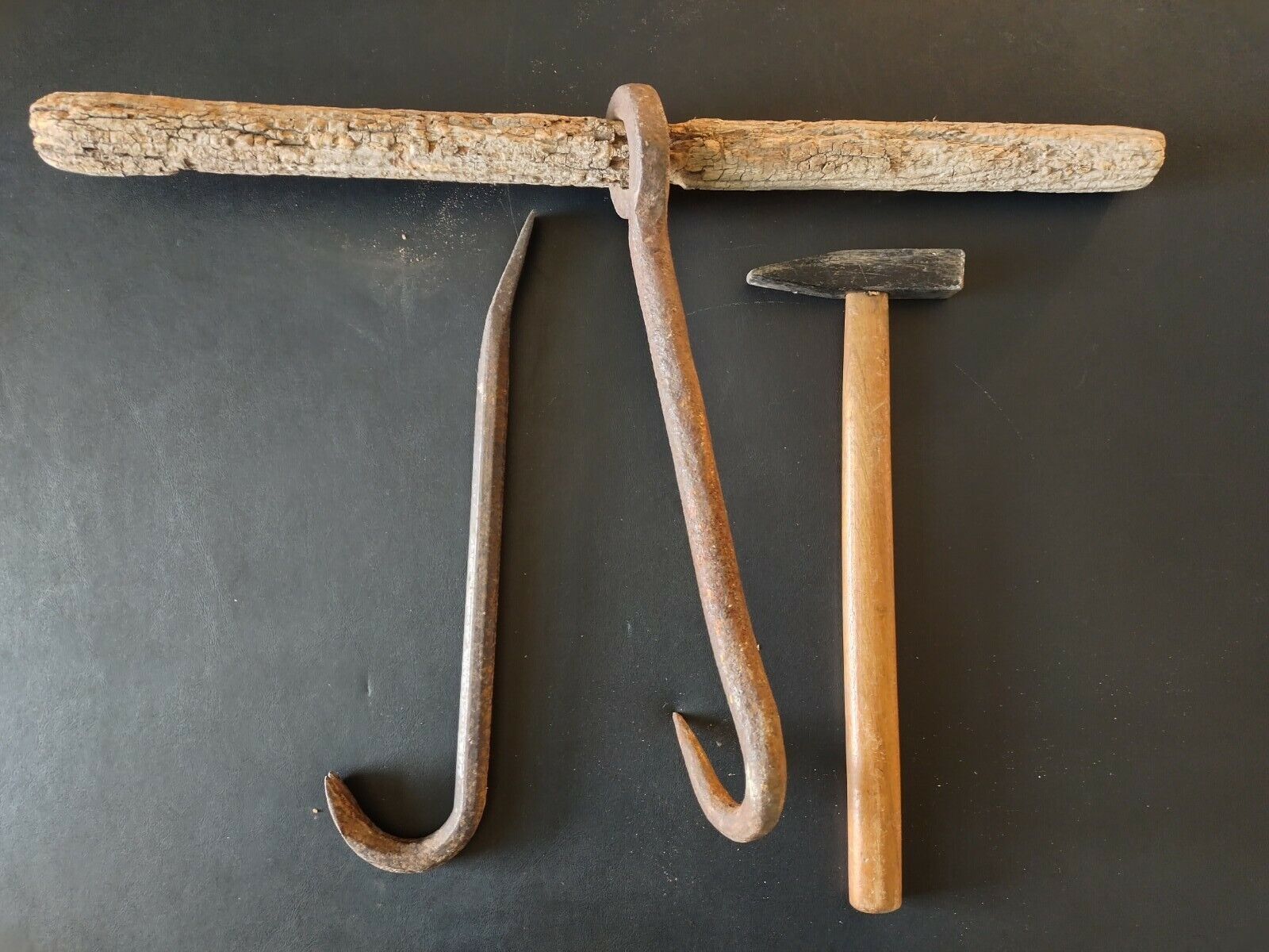 Antique, Lot Of 3, Hand Tools, Hook, Pry Bar, Hammer, Ages Unknown