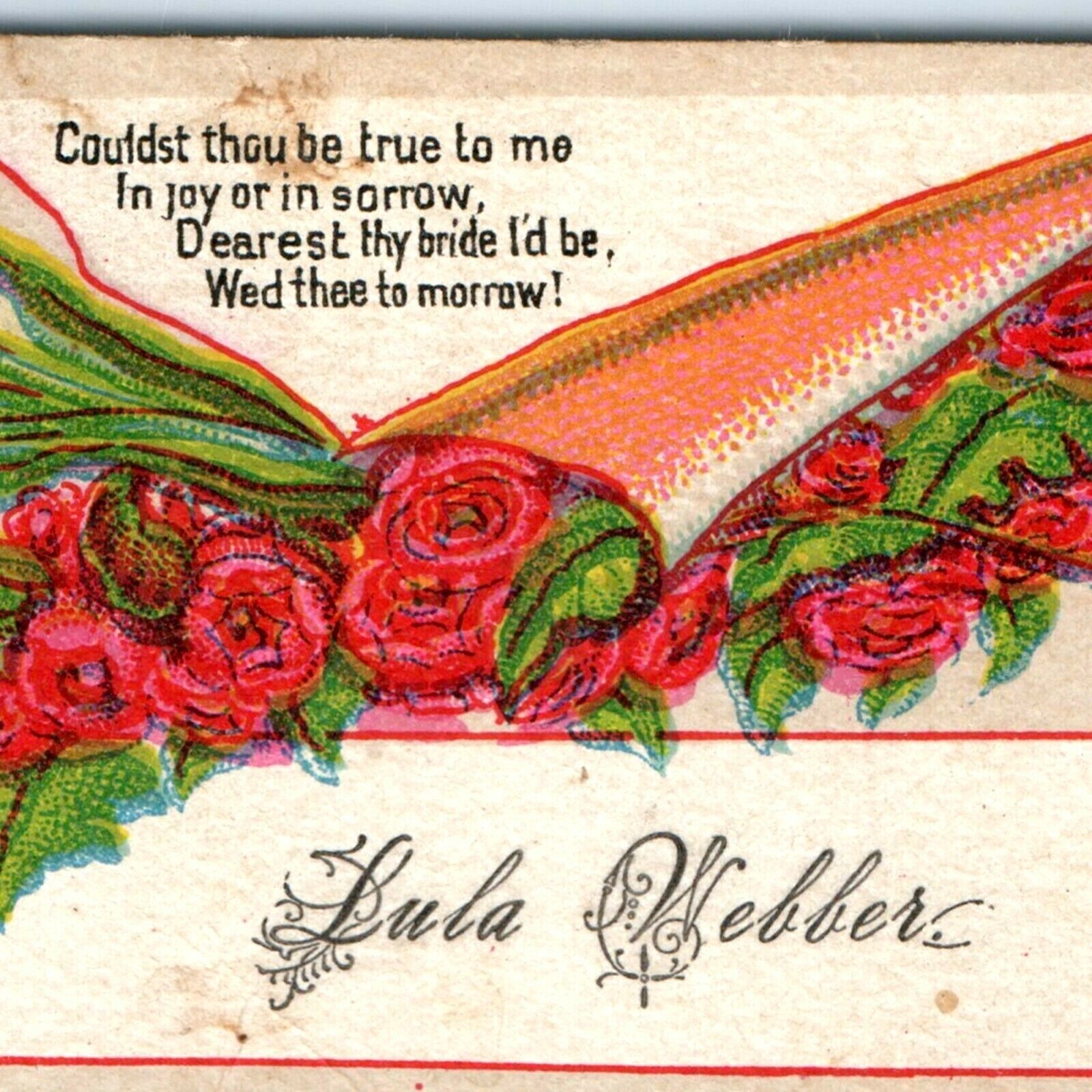 c1880s Lula Webber Calling Card Flower Trade Card Wedding Poem Antique Vtg C30