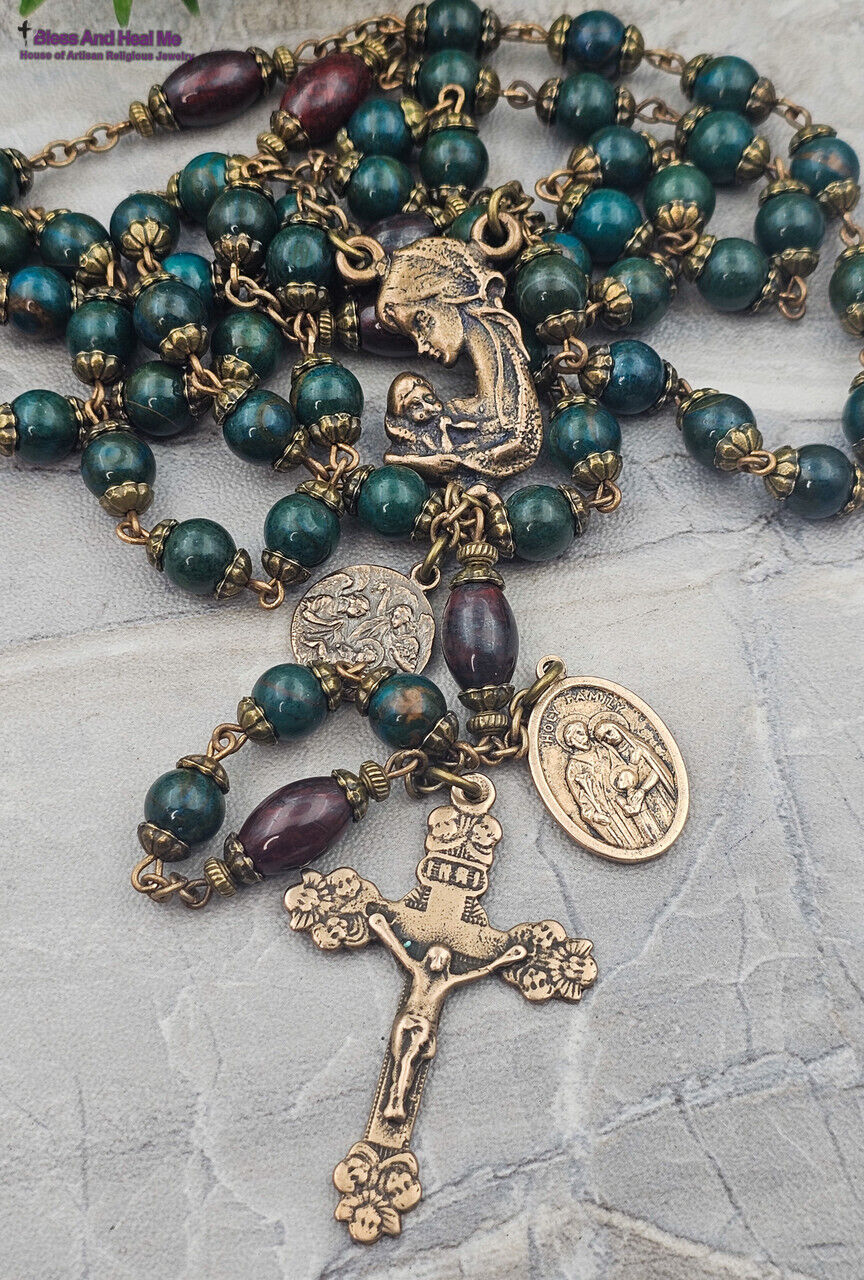 Mother Mary Holy Birth of Jesus Christmas Green Jasper Vintage Bronze Rosary
