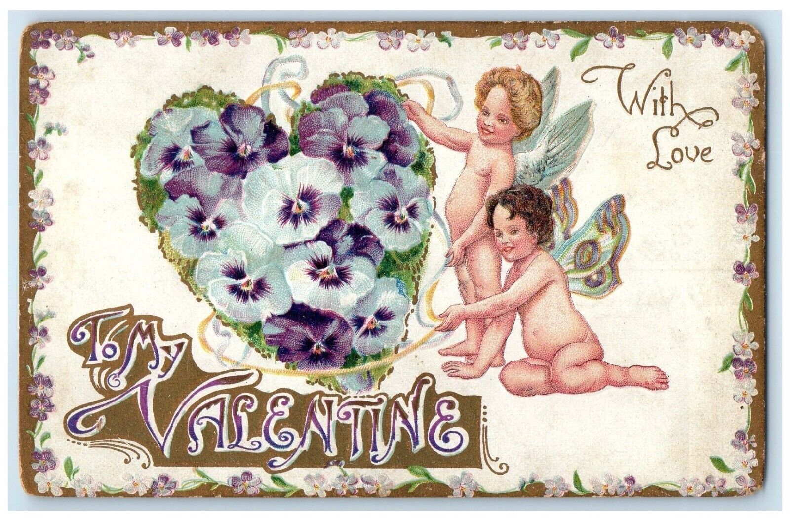 c1910's Valentine Angels Butterfly Wing Heart Flowers Embossed Antique Postcard
