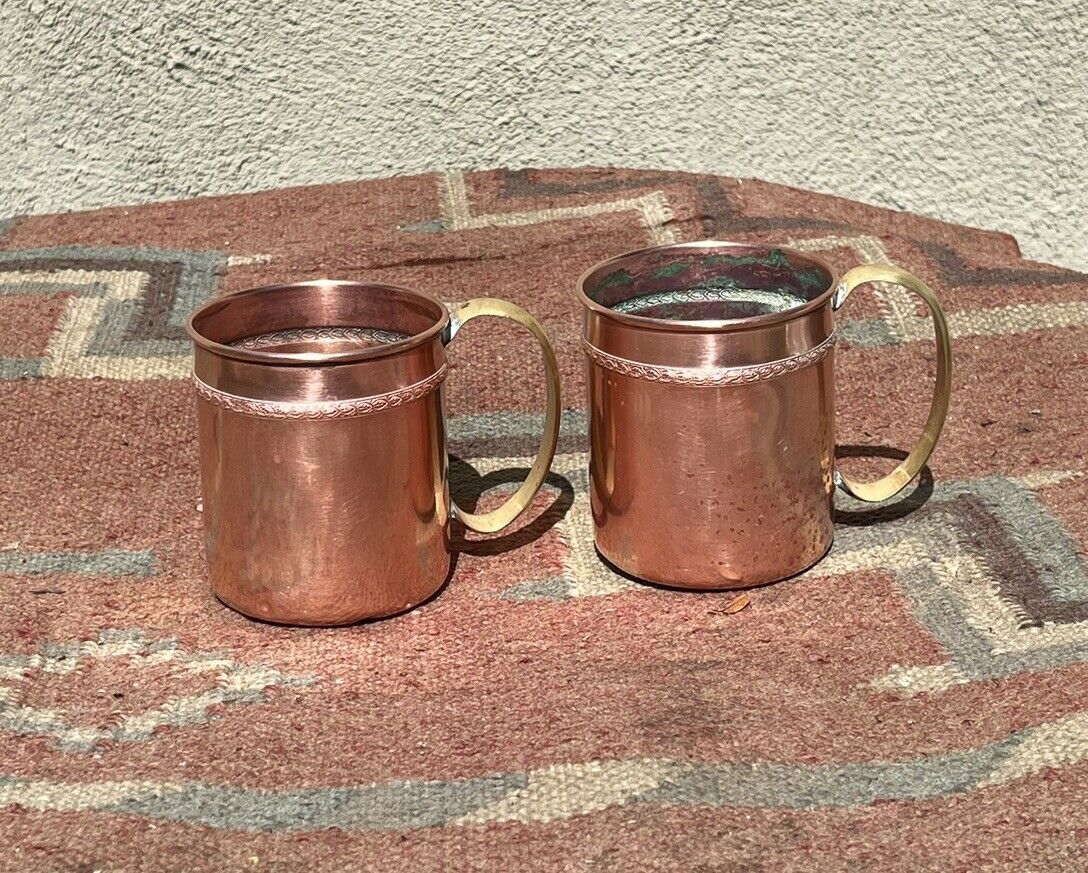 2 Vintage Copper Mugs Cups Brass Handles Leaf Design