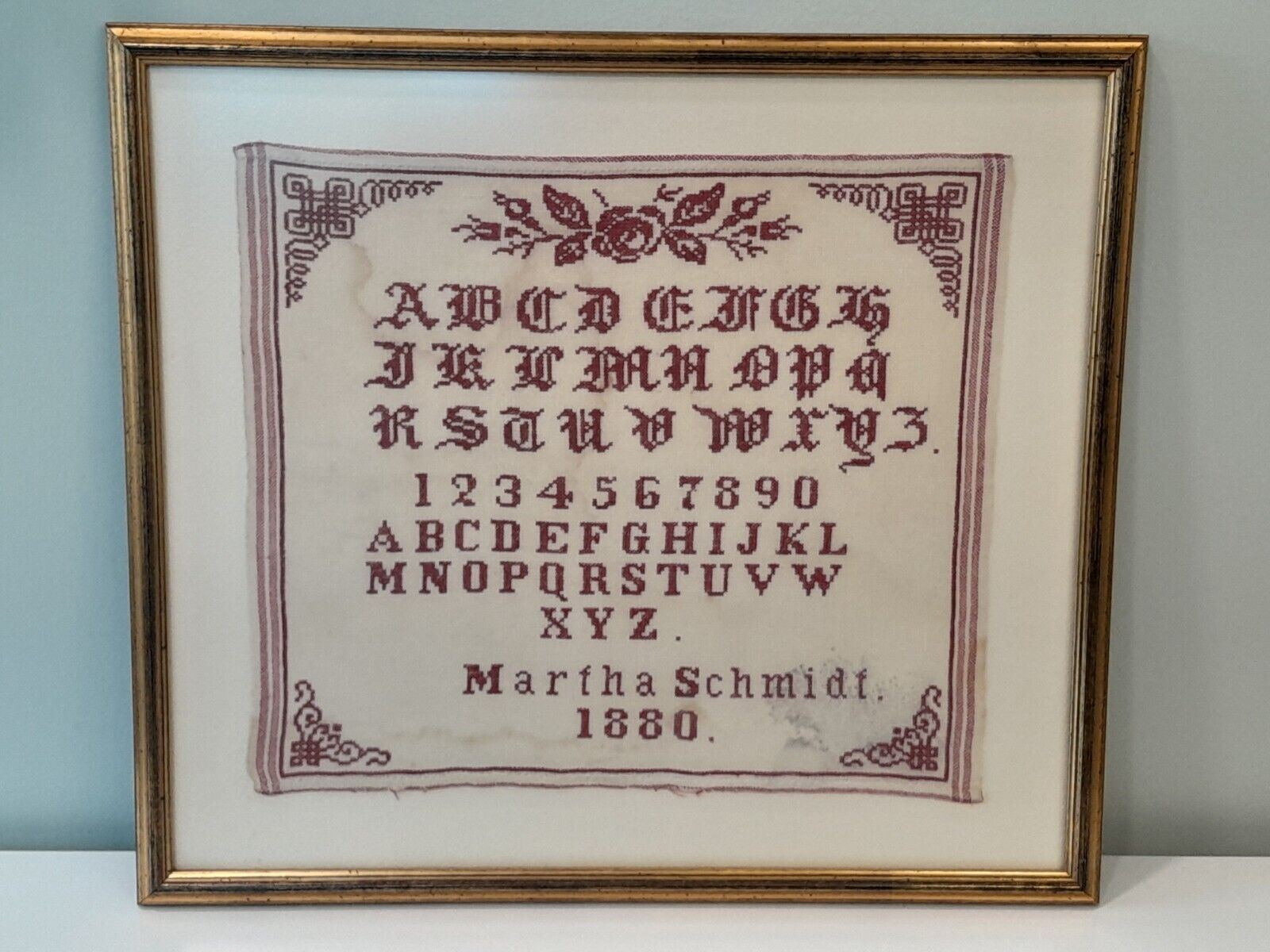 Antique Alphabet Sampler 1880 Red Work  Martha Schmidt Needlepoint Framed 