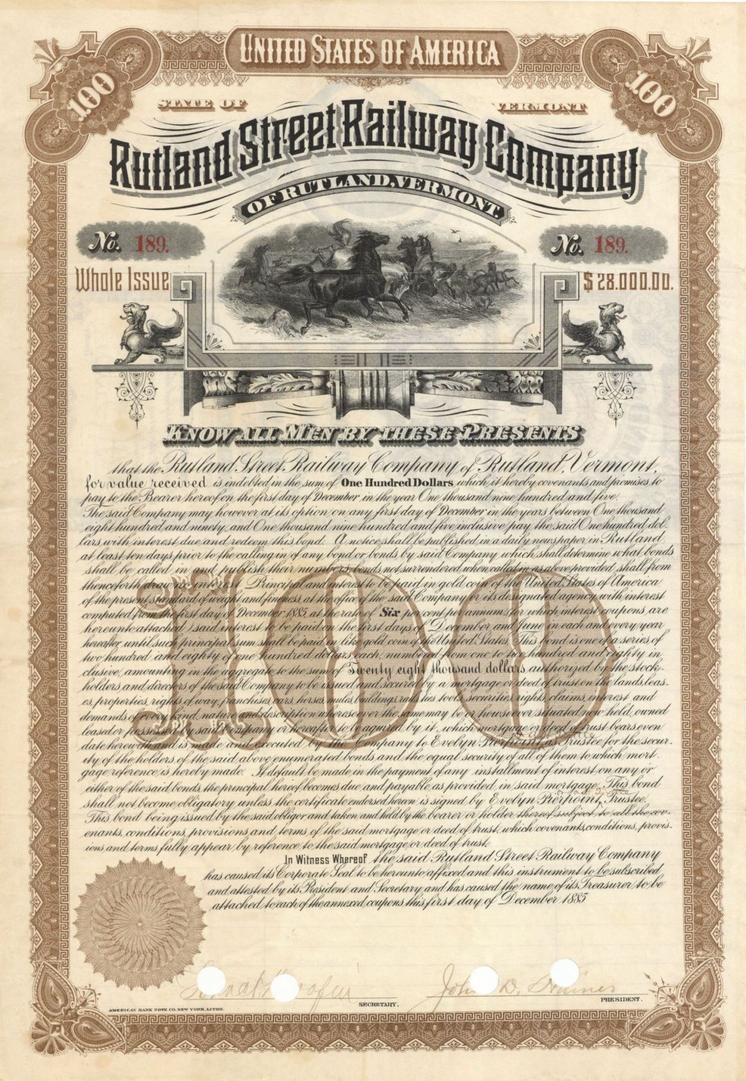 Rutland Street Railway Co. - 1885 dated $100 Railroad Bond - Railroad Bonds