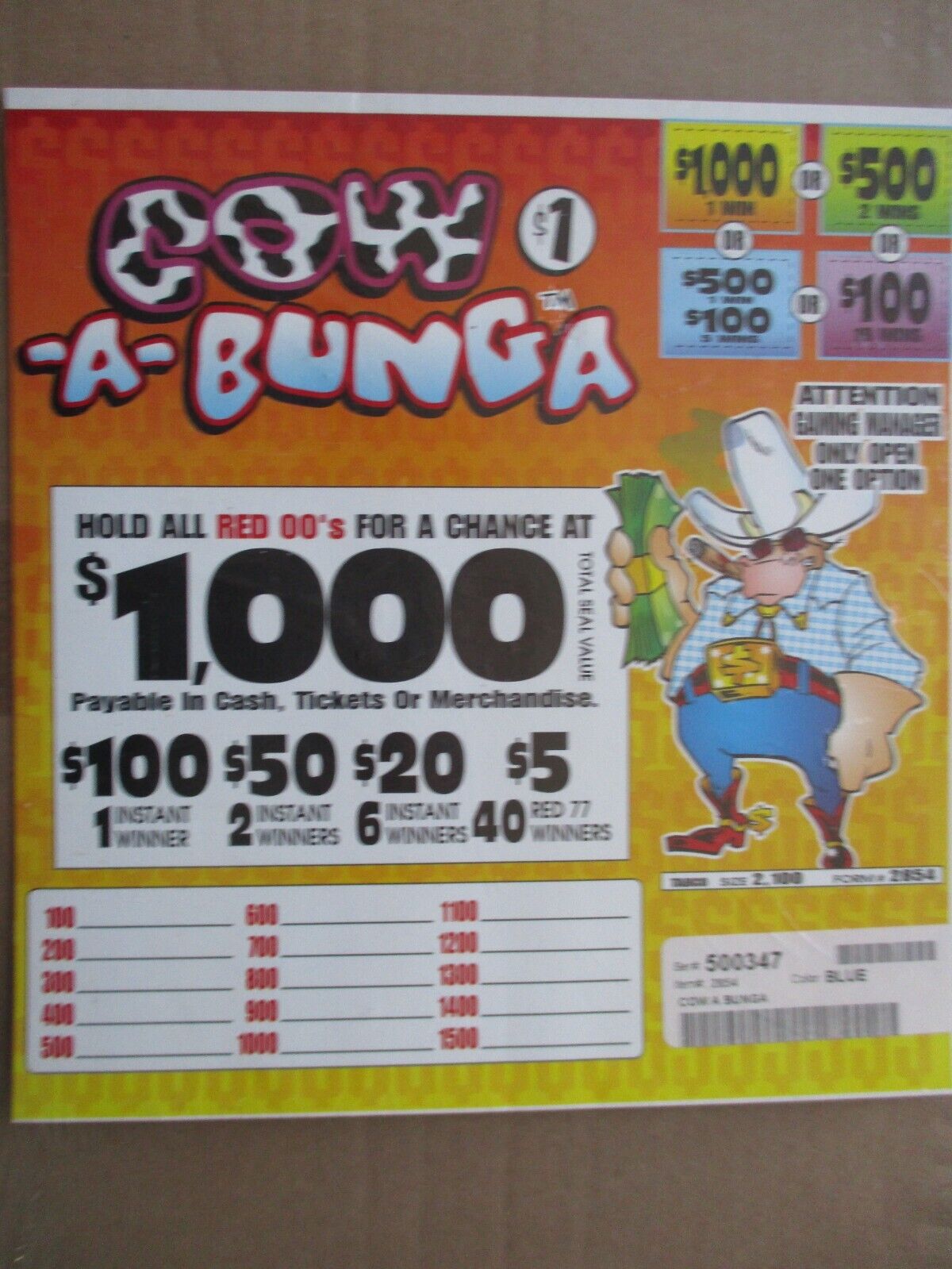Cow-A-Bunga - NEW Sealed - Pull Tickets/Tab For Collectors/Amusement
