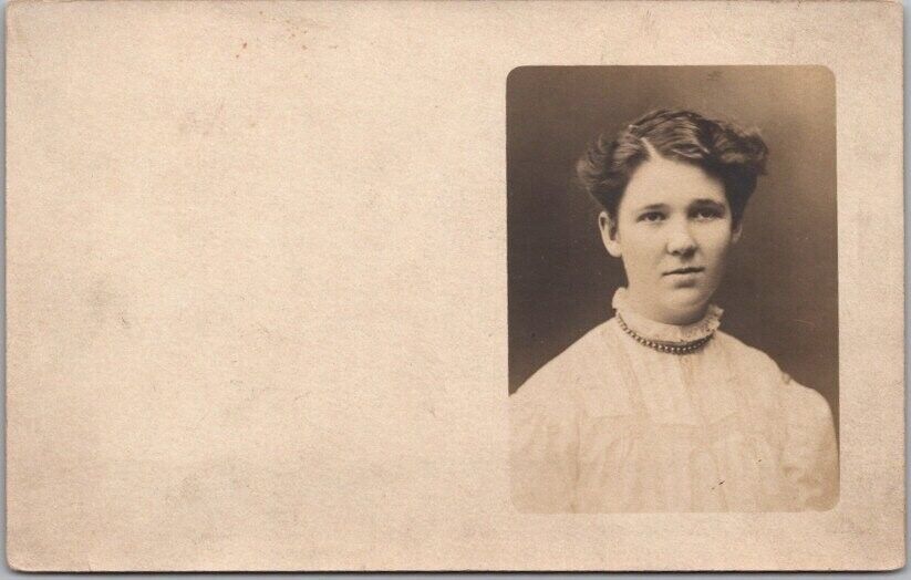Vintage 1910s Studio RPPC Photo Postcard Young Woman in High-Collar White Top
