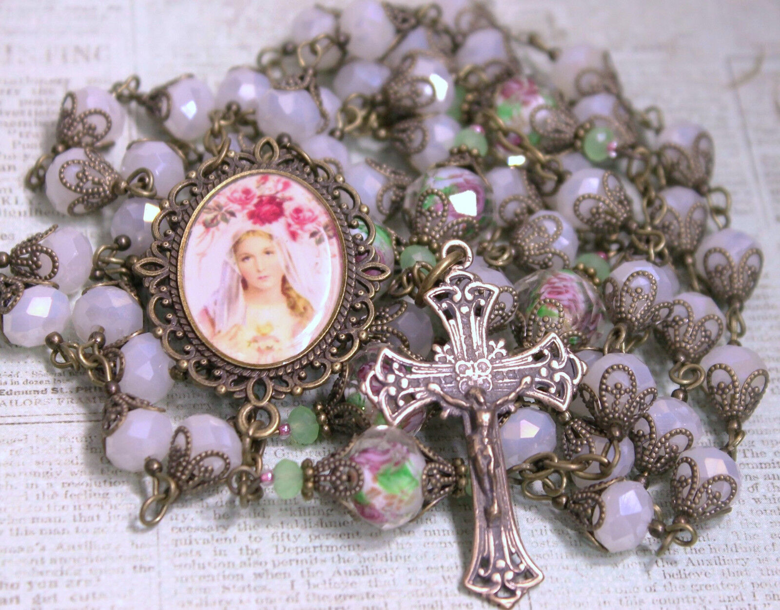 Queen Pink Rose, AB Czech White Jade & Rose Crystals Bronze Rosary Rosario HM