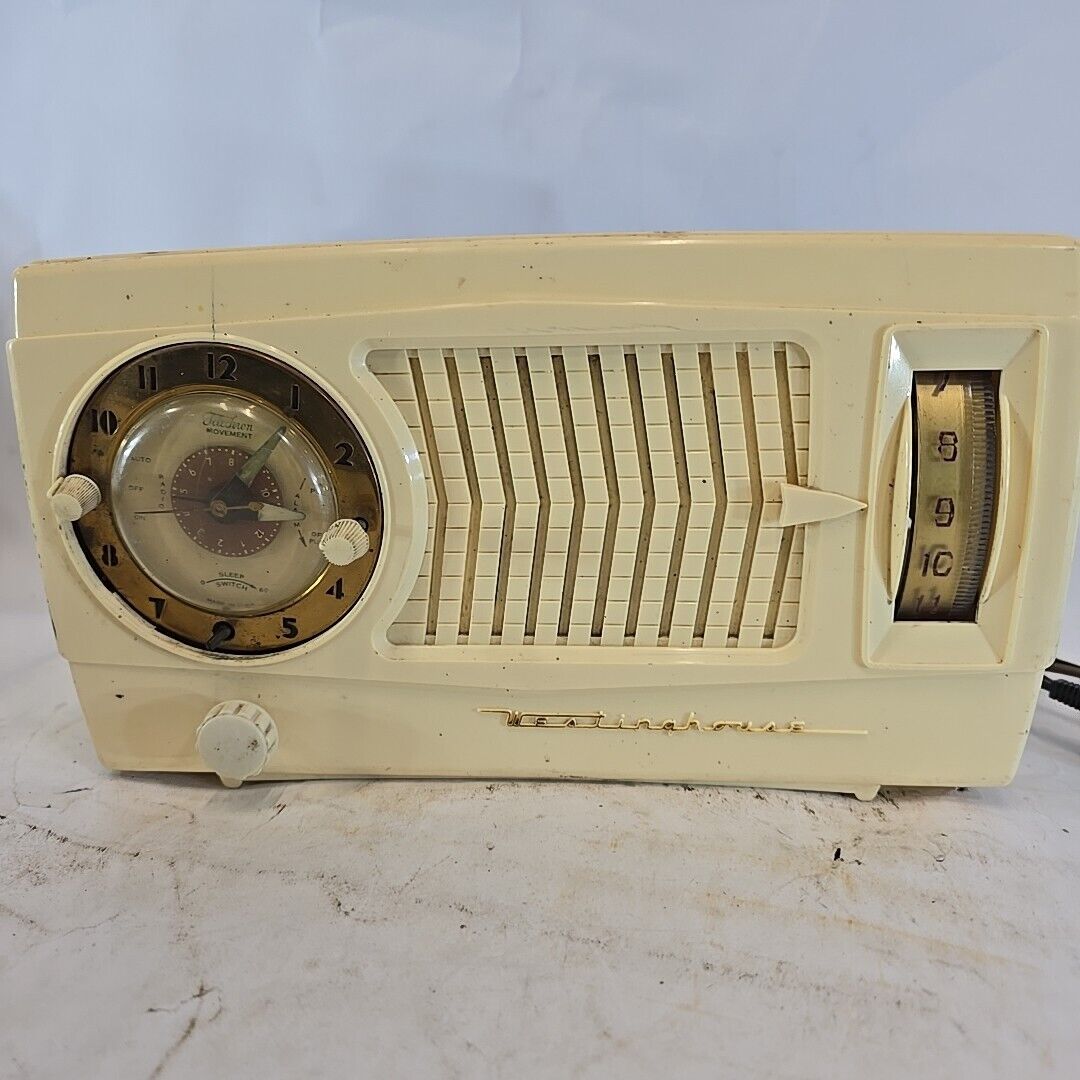 1952 Westinghouse H-375T5 AM 5 Tube Table Clock Radio Ivory Cabinet Works Read*