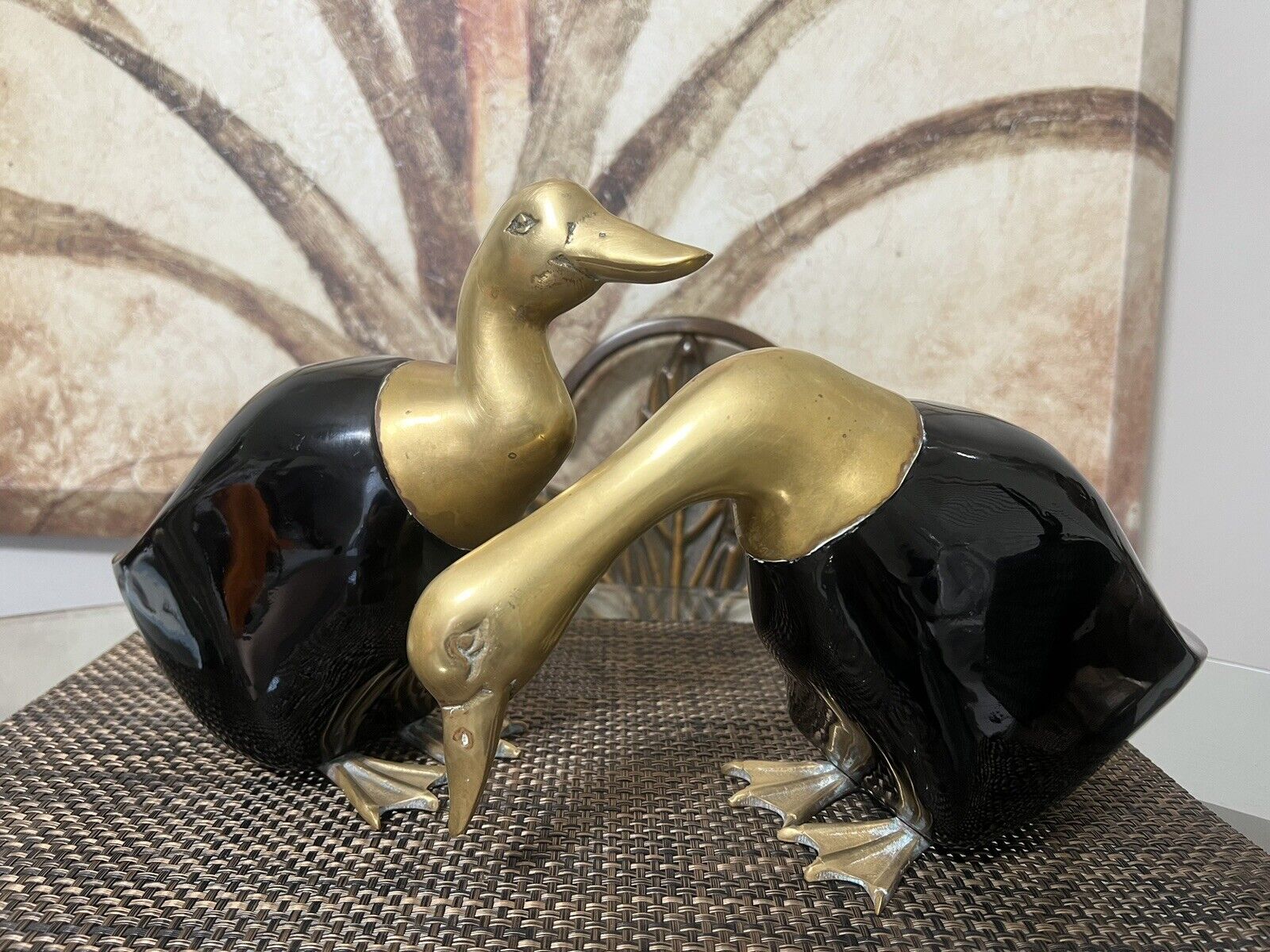 Wood Brass Duck Sculpture Set Of 2