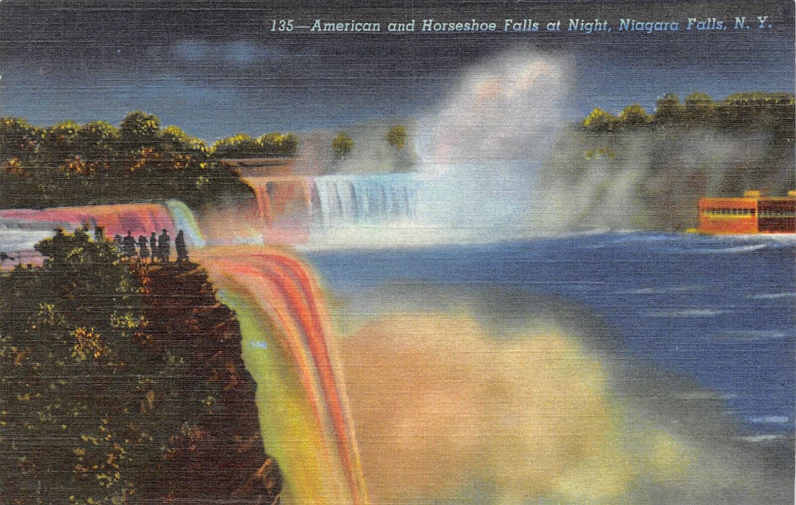 D2061 American & Horseshoe Falls at Night, Niagara Falls, NY 1950 Teich Linen PC