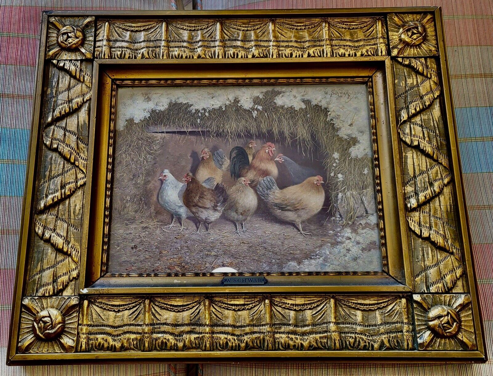 19th Century Oil Painting Chickens in Coupe signed W. Schwar Great Gilt Framed