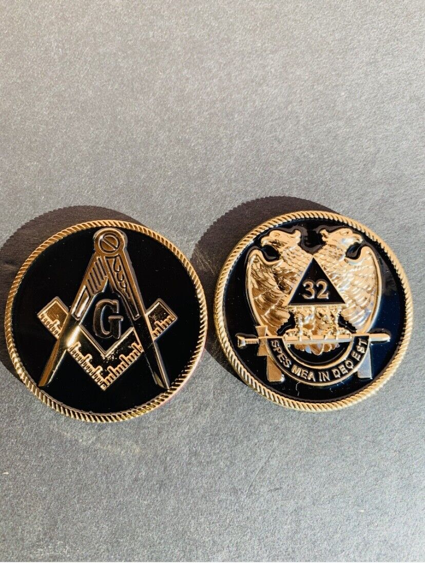 Masonic  Metal  2 inches 32nd degree mason set of two small emblems  black&gold