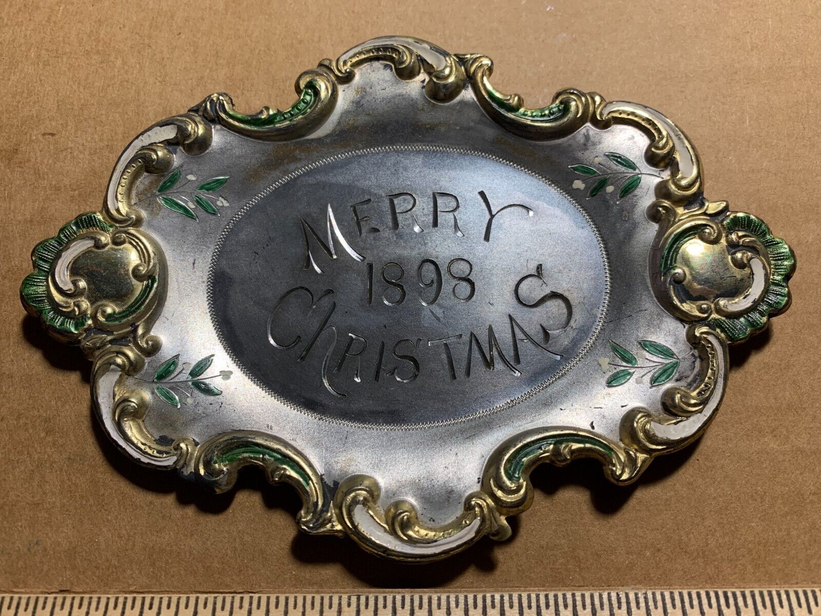 small antique old 1898 Merry Christmas Metal Tray 6 inch