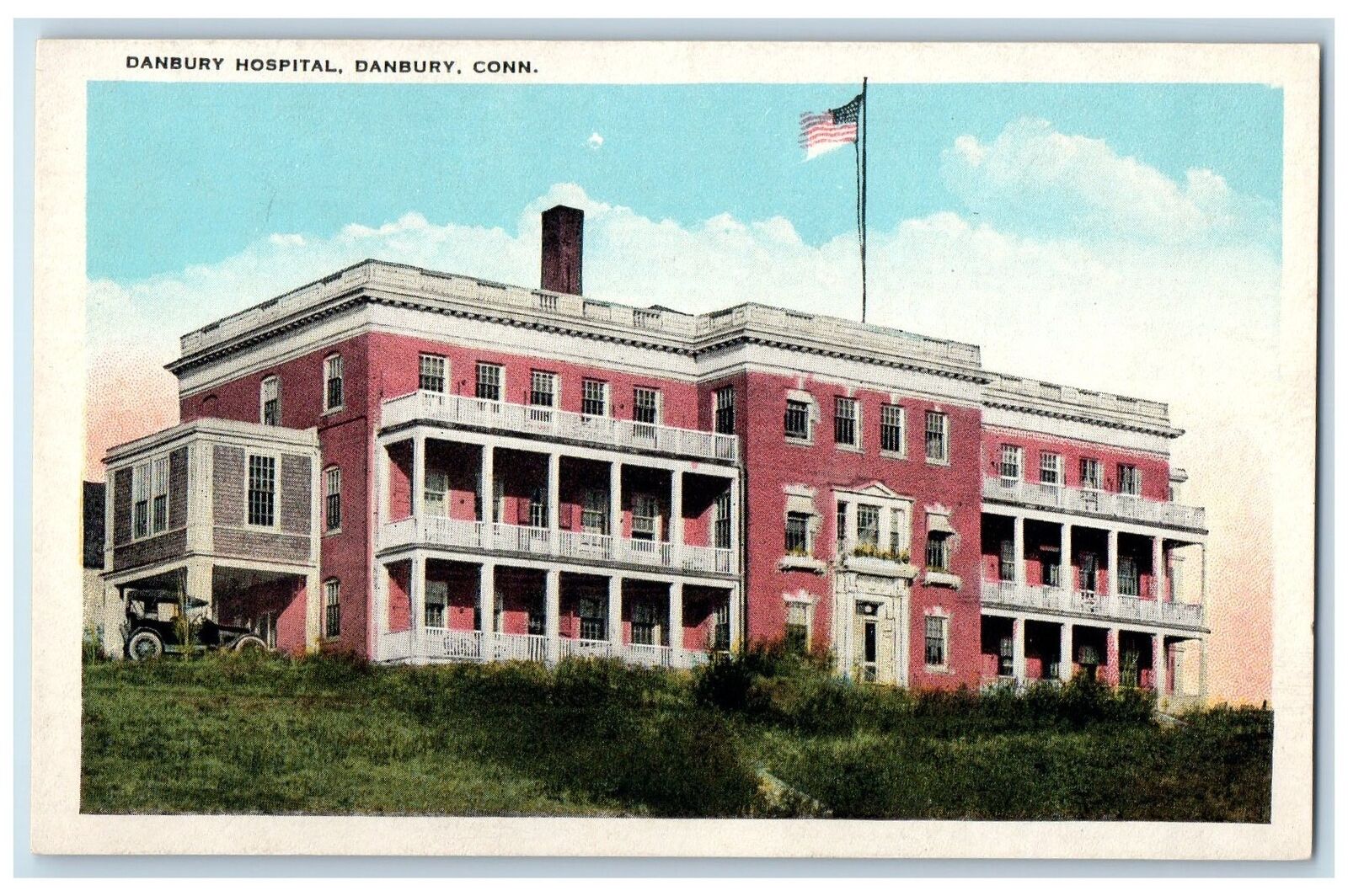 c1950 Danbury Hospital Building View Classic Car Danbury Connecticut CT Postcard