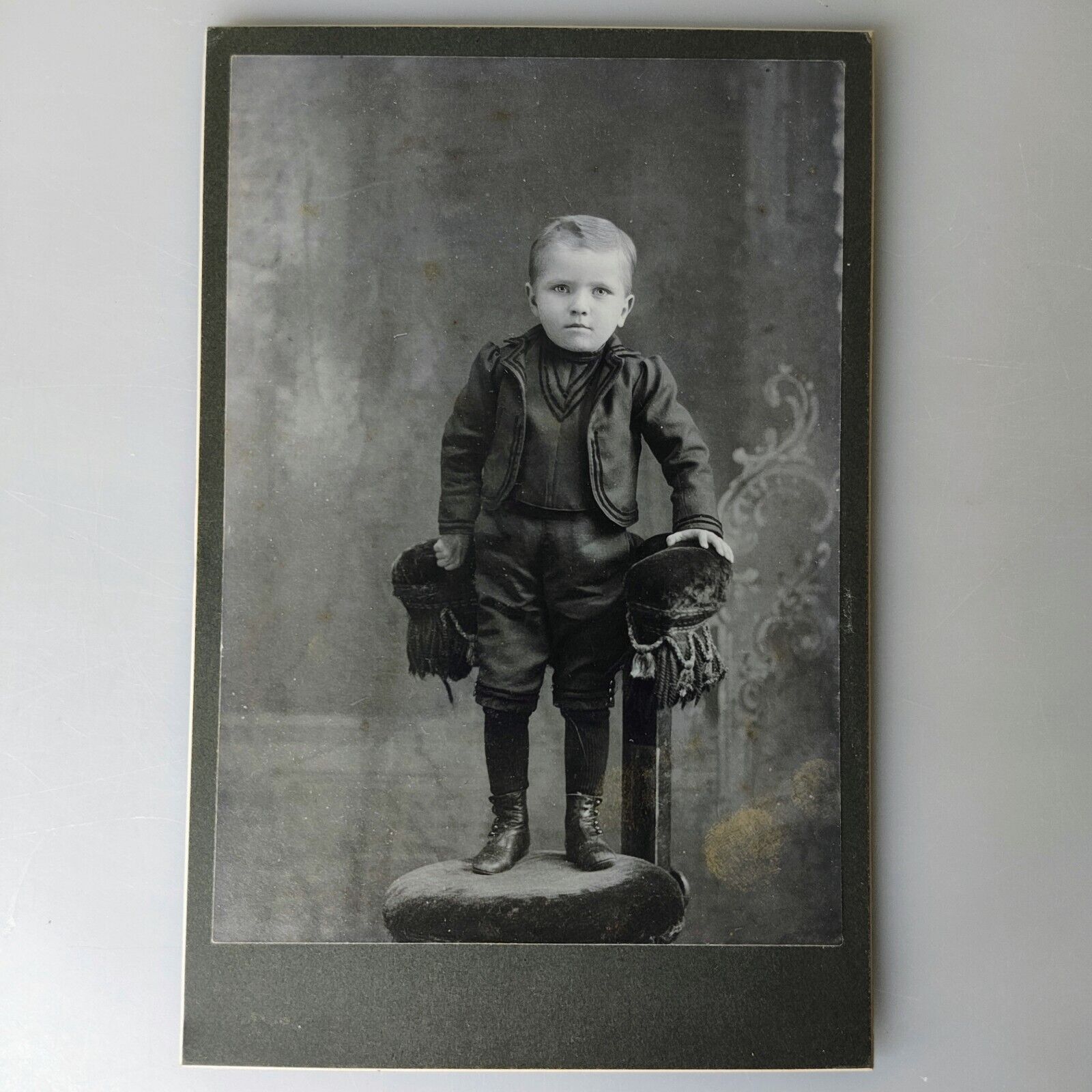 Antique Cabinet Card Photo Handsome Young Boy Kid On Chair Fancy 1900s ORIGINAL 