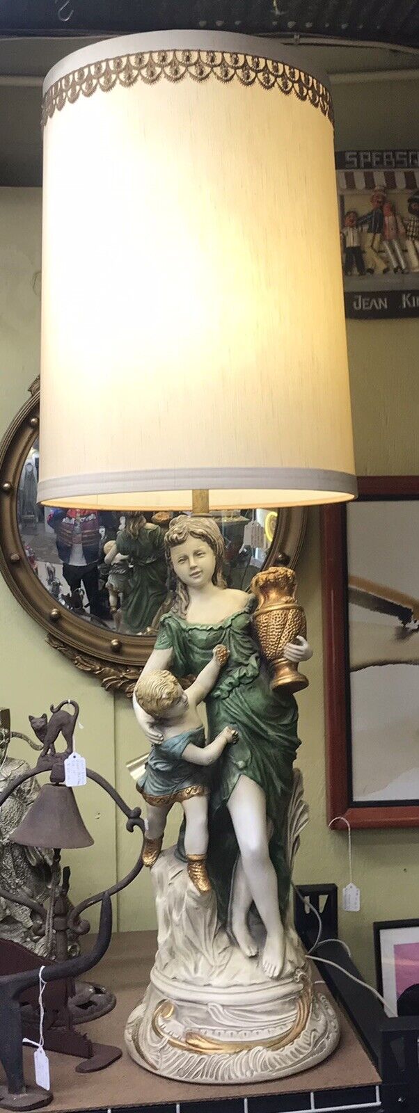 VINTAGE CONTINENTAL ART CO CHALK-WARE LAMP OF MOTHER AND CHILD & ORIGINAL SHADE.