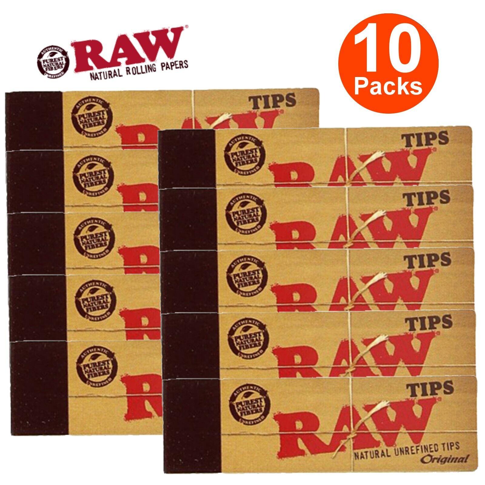 RAW Original Natural Unrefined Tips 10 Booklets (50 Tips/Pack) - 