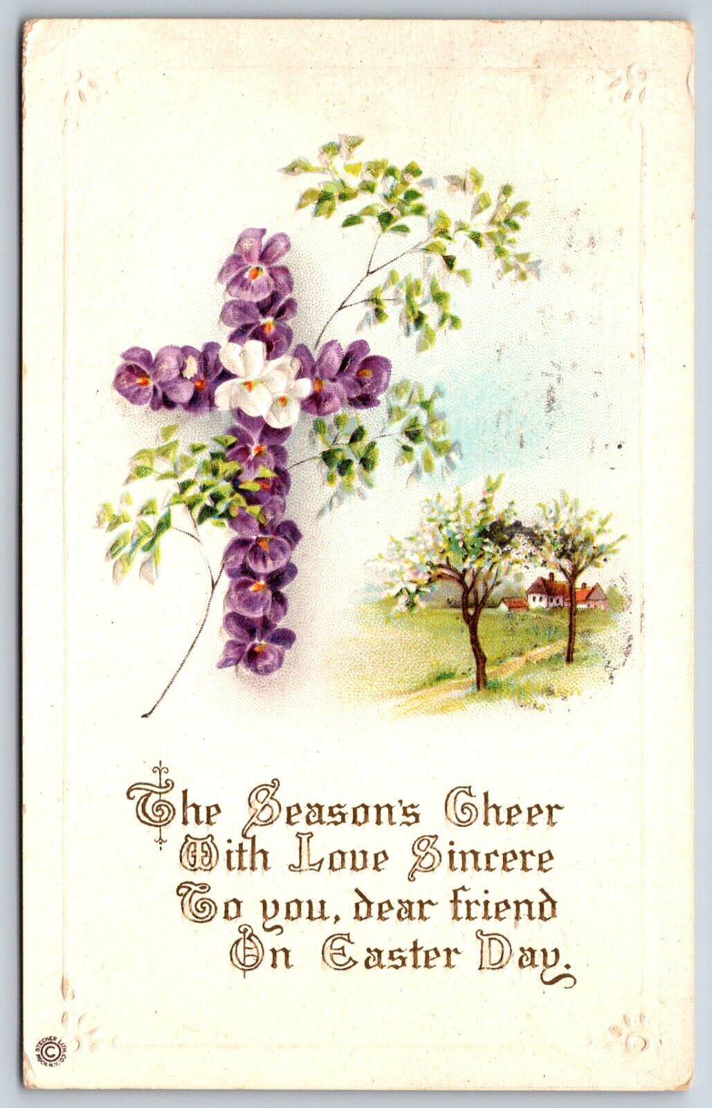 Postcard A Happy Easter Greetings A Cross Of Violets Embossed Posted 1916